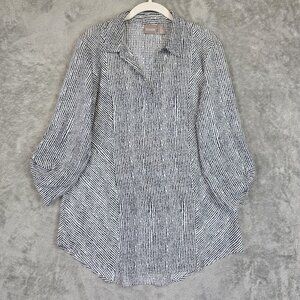 Chicos Blouse Womens L White Black Stripe Collared Popover 3/4 Sleeve Tunic Top
